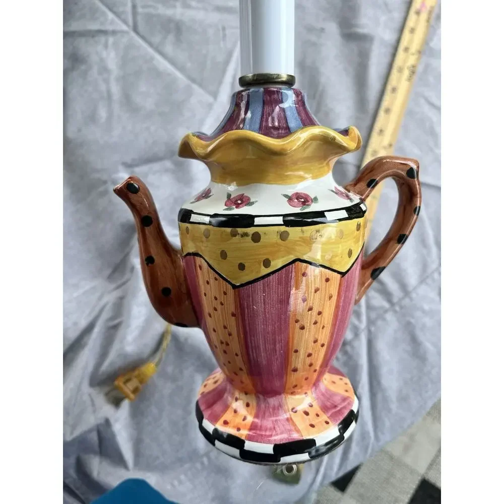Whimsical Teapot Table Lamp Hand Painted Floral Rose 23